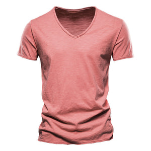 Tee-shirt col V uni en coton flammé