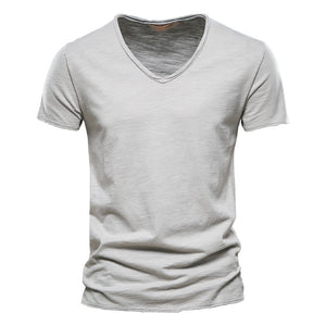 Tee-shirt col V uni en coton flammé