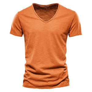 Tee-shirt col V uni en coton flammé