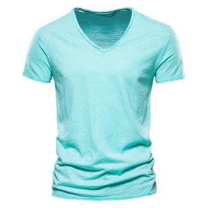 Tee-shirt col V uni en coton flammé